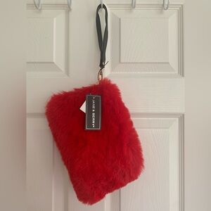 NWT Jane & Berry Wristlet: Fiery Red Faux Fur, Zipper w/Gold Pull, Black Handle